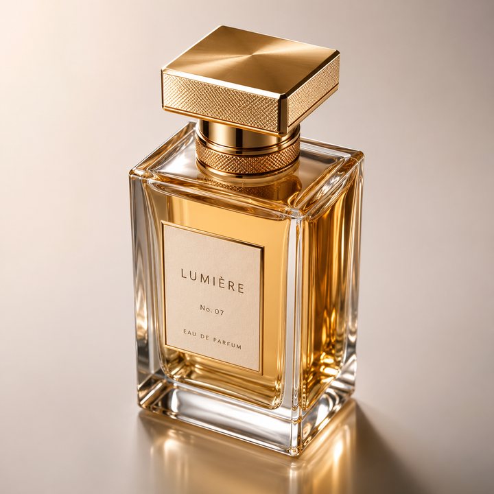LUMIÈRE perfume product reference with amber liquid and a textured gold cap