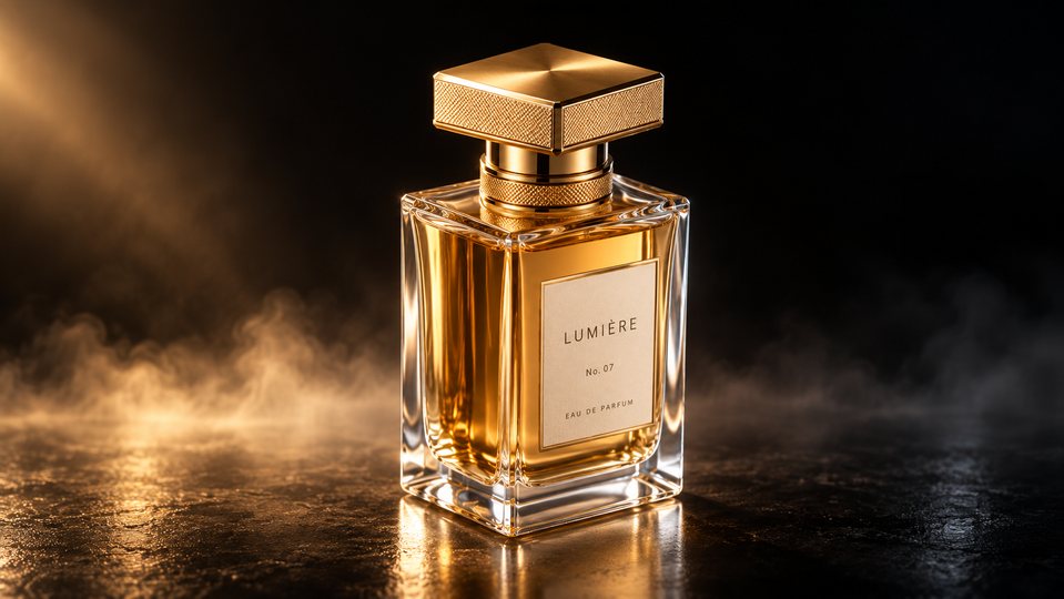 Approved angled storyboard frame of the perfume bottle with fog behind it